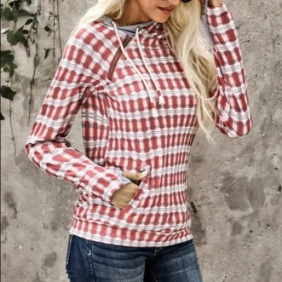 Red Plaid Cowl Neck Hoodie - Picture 3 of 6